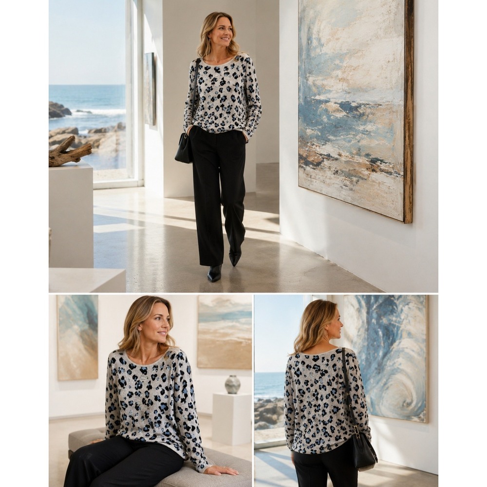 Chicos Womens Leopard Animal Print Knit Sweater Grey Blue Black Size 3 XL Rayon